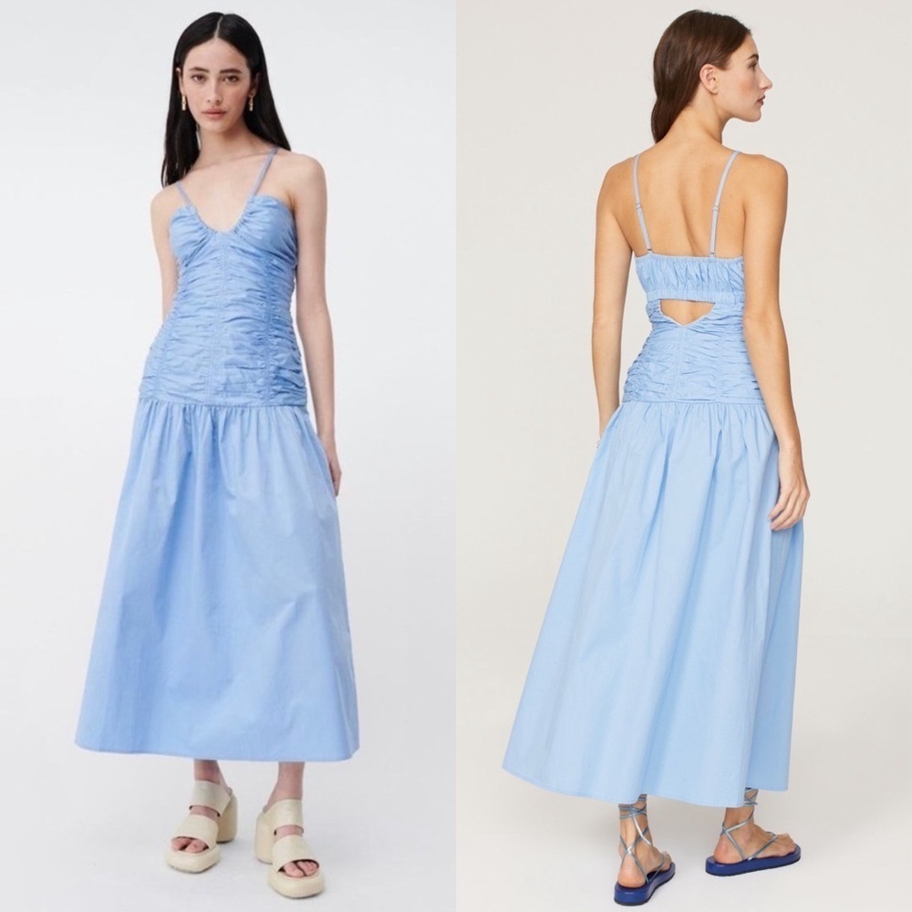 Suboo Blue Cotton Smocked Bodice Sleeveless Back Cutout Drop Waist Midi Dress Xs — image 5 of 8